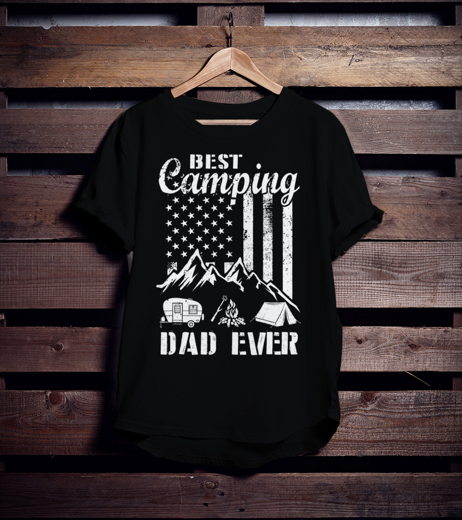 Best Camping Dad Ever American Flag Mountains Campfire Tent And Camper T-Shirt
