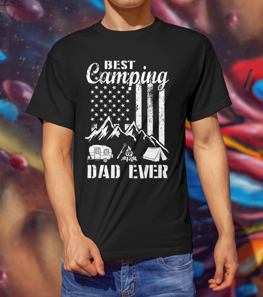 Best Camping Dad Ever American Flag Mountains Campfire Tent And Camper T-Shirt