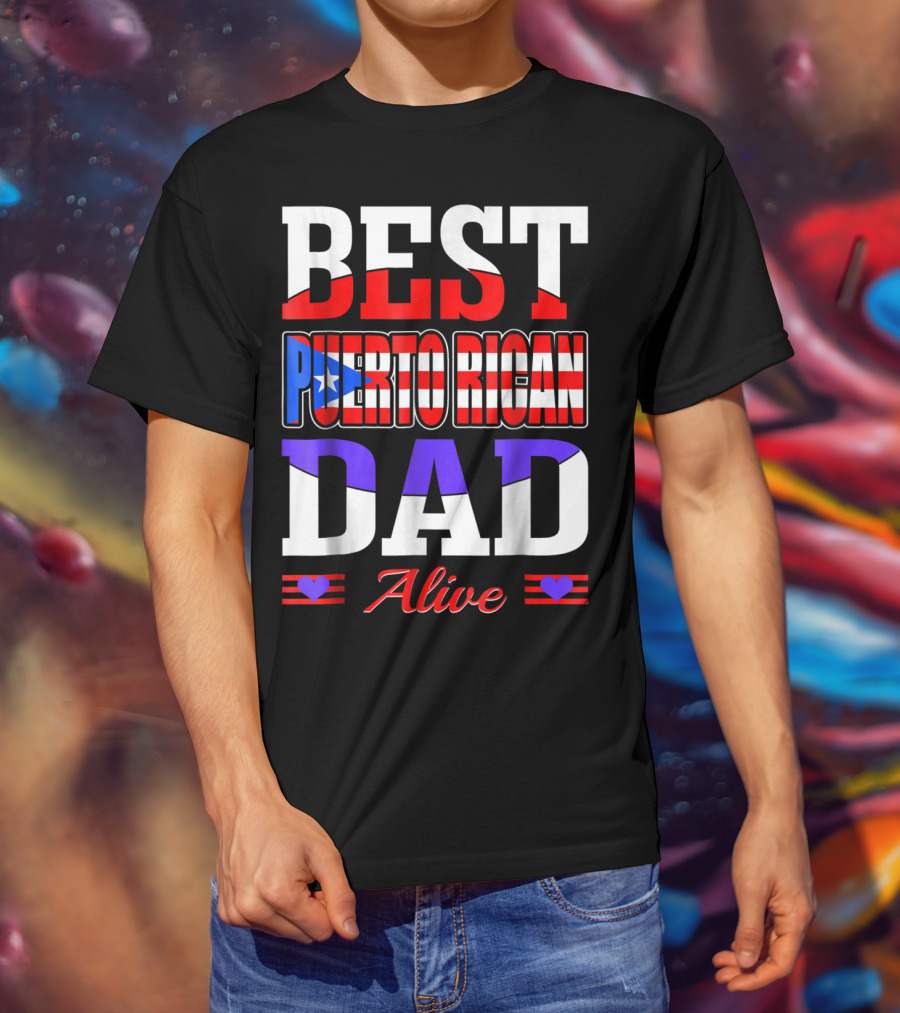 Best Puerto Rican Dad Alive USA Flag Style With Hearts T-Shirt