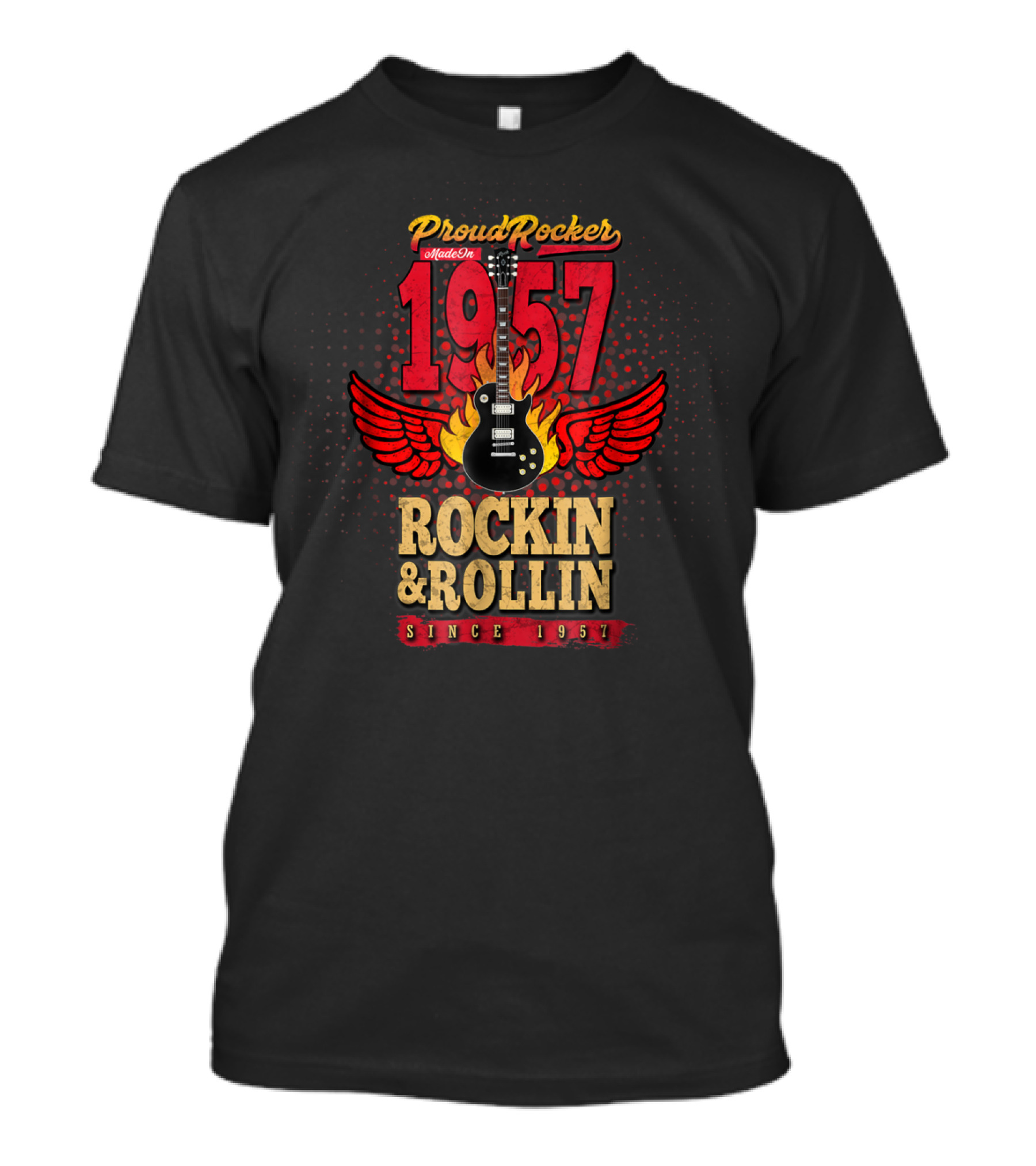 Proud Rocker Since 1957 Flaming Wing Guitar Rockin And Rollin T-Shirt