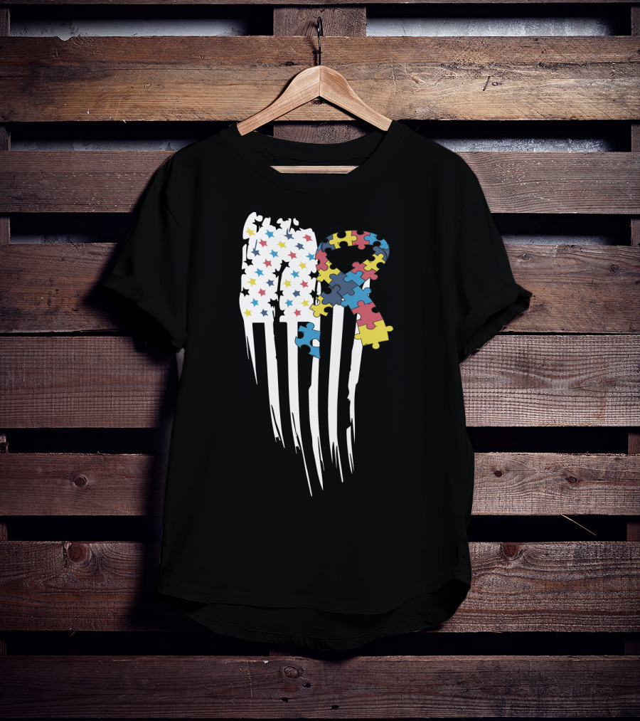 Autism Awareness Month Stars And Stripes Puzzle Ribbon Flag T-Shirt
