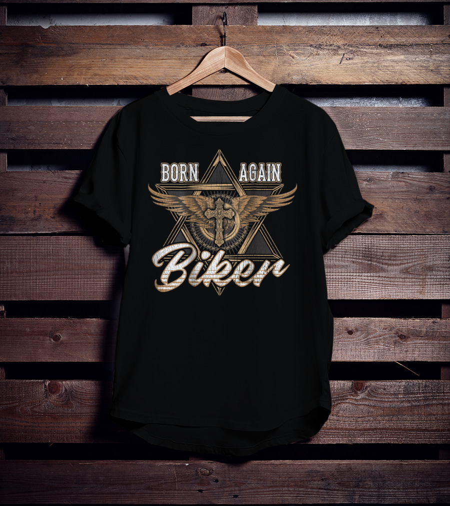 Born Again Biker Dad Motorcycle50 Winged Cross Star T-Shirt