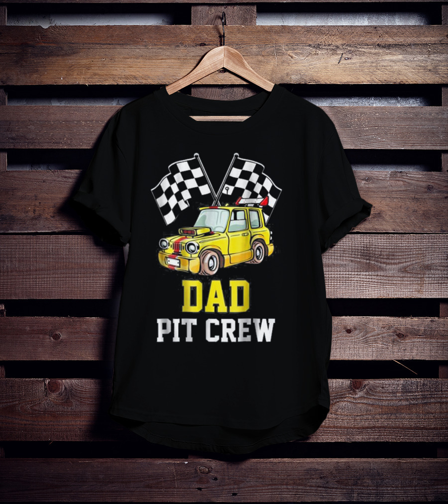 Dad Pit Crew Racing Yellow Car Checkered Flags T-Shirt