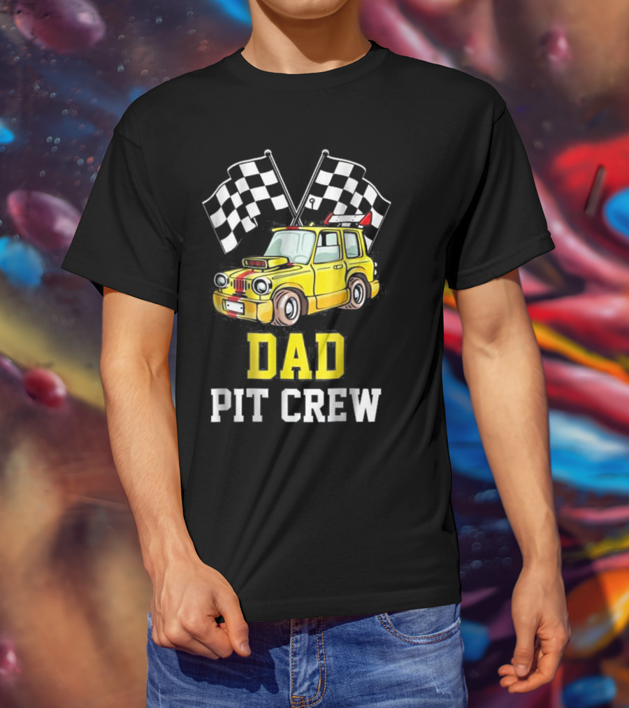 Dad Pit Crew Racing Yellow Car Checkered Flags T-Shirt