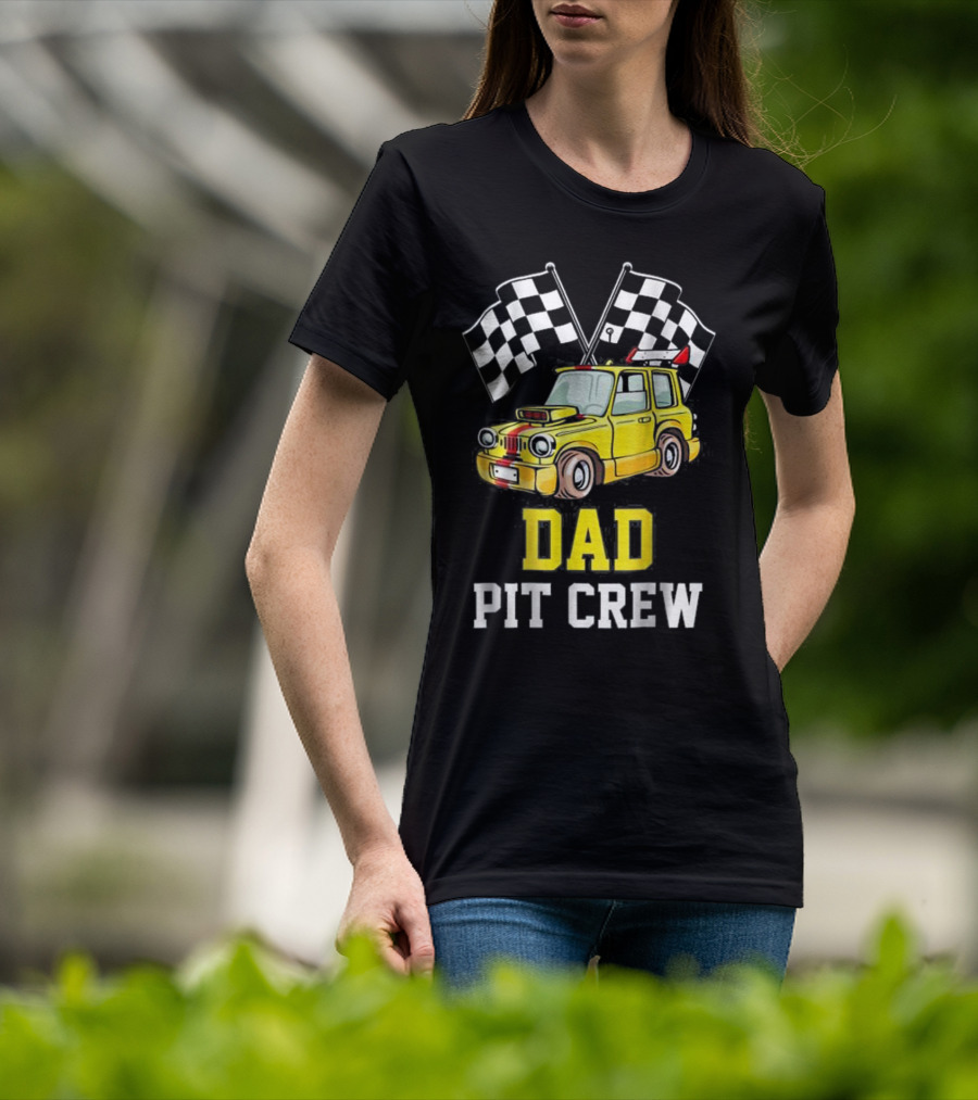 Dad Pit Crew Racing Yellow Car Checkered Flags T-Shirt