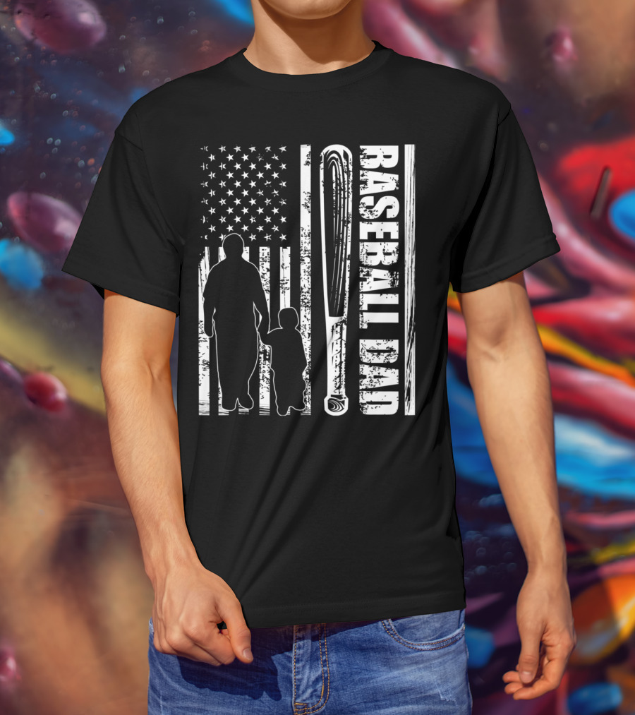 BASEBALL DAD American Flag Bat Father's Day T-Shirt