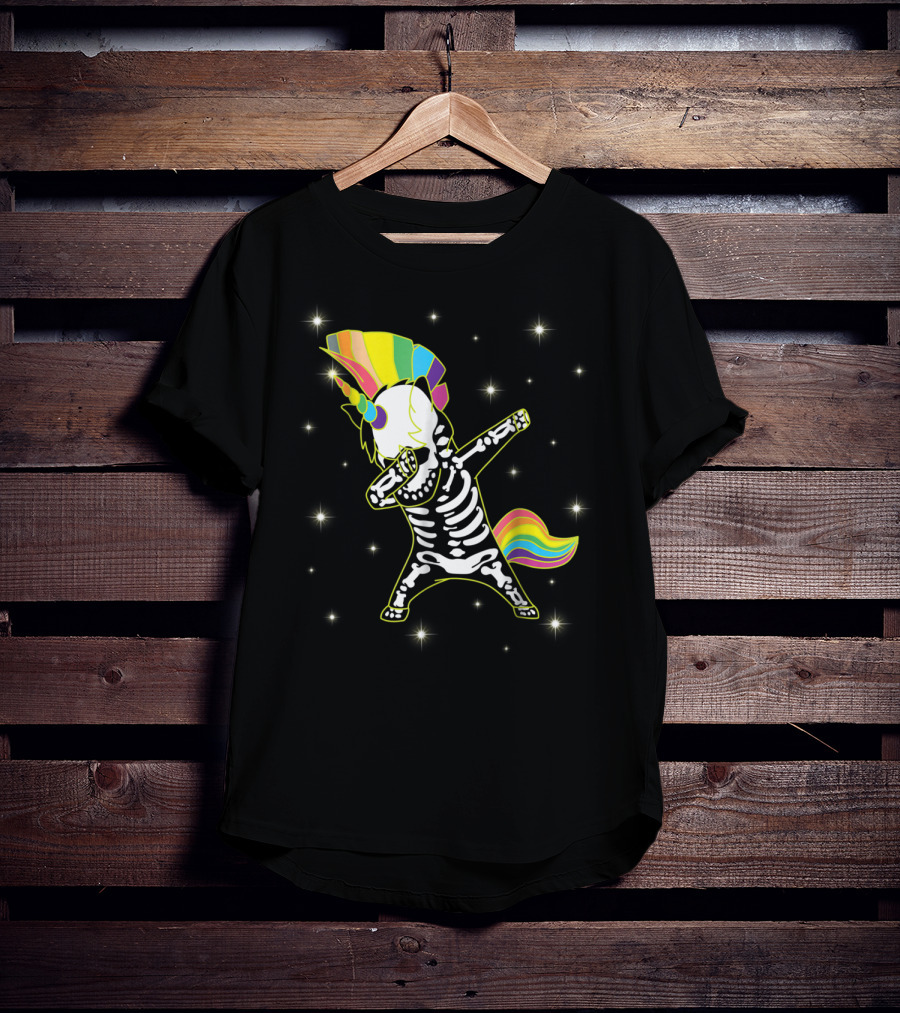 Dabbing Unicorn Skeleton Dad Hip Hop Xray Rainbow Mane Tail Starry Background T-Shirt