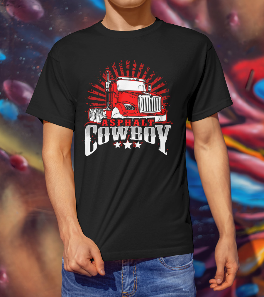Asphalt Cowboy Red Truck Driver Dad Humor T-Shirt