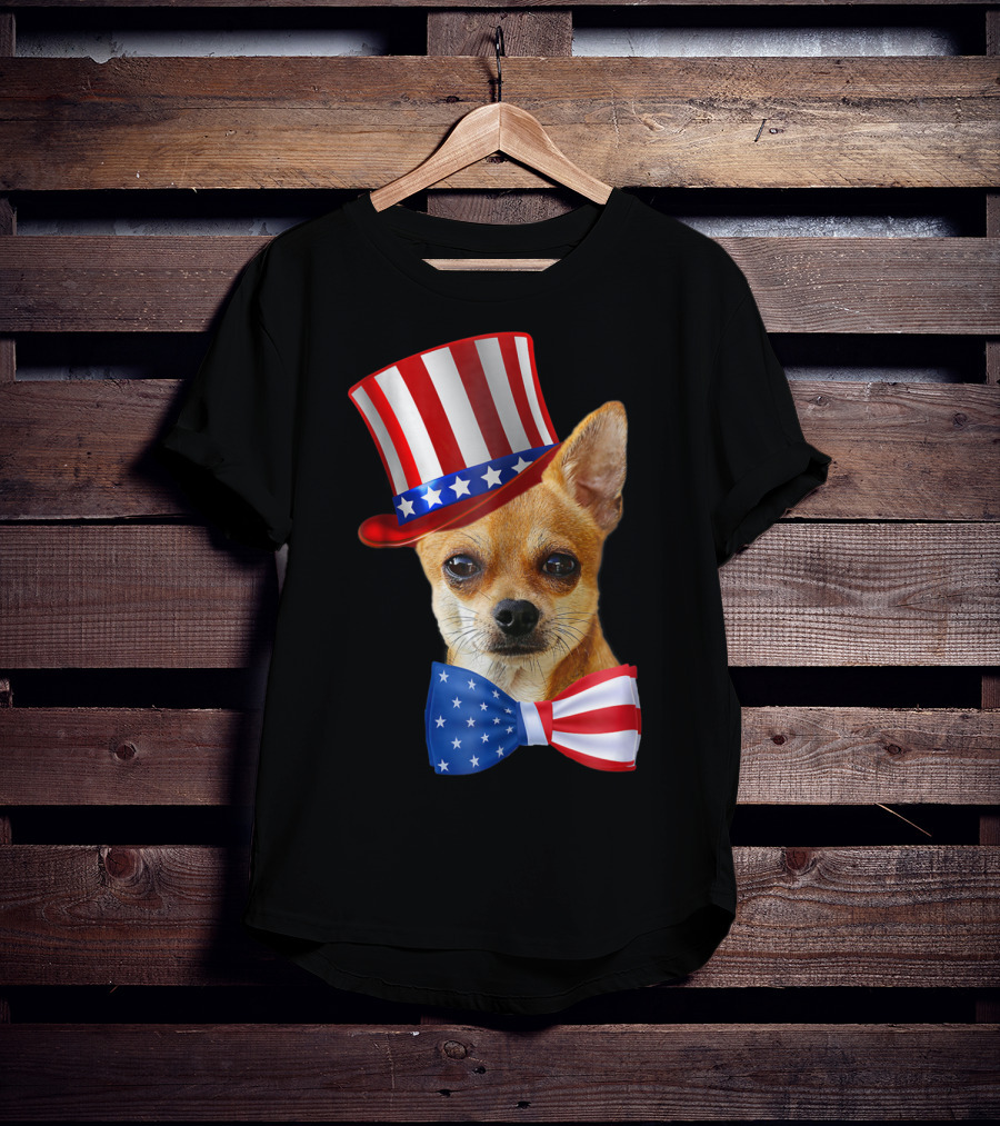 Chihuahua Uncle Sam Hat And Bowtie American Flag T-Shirt