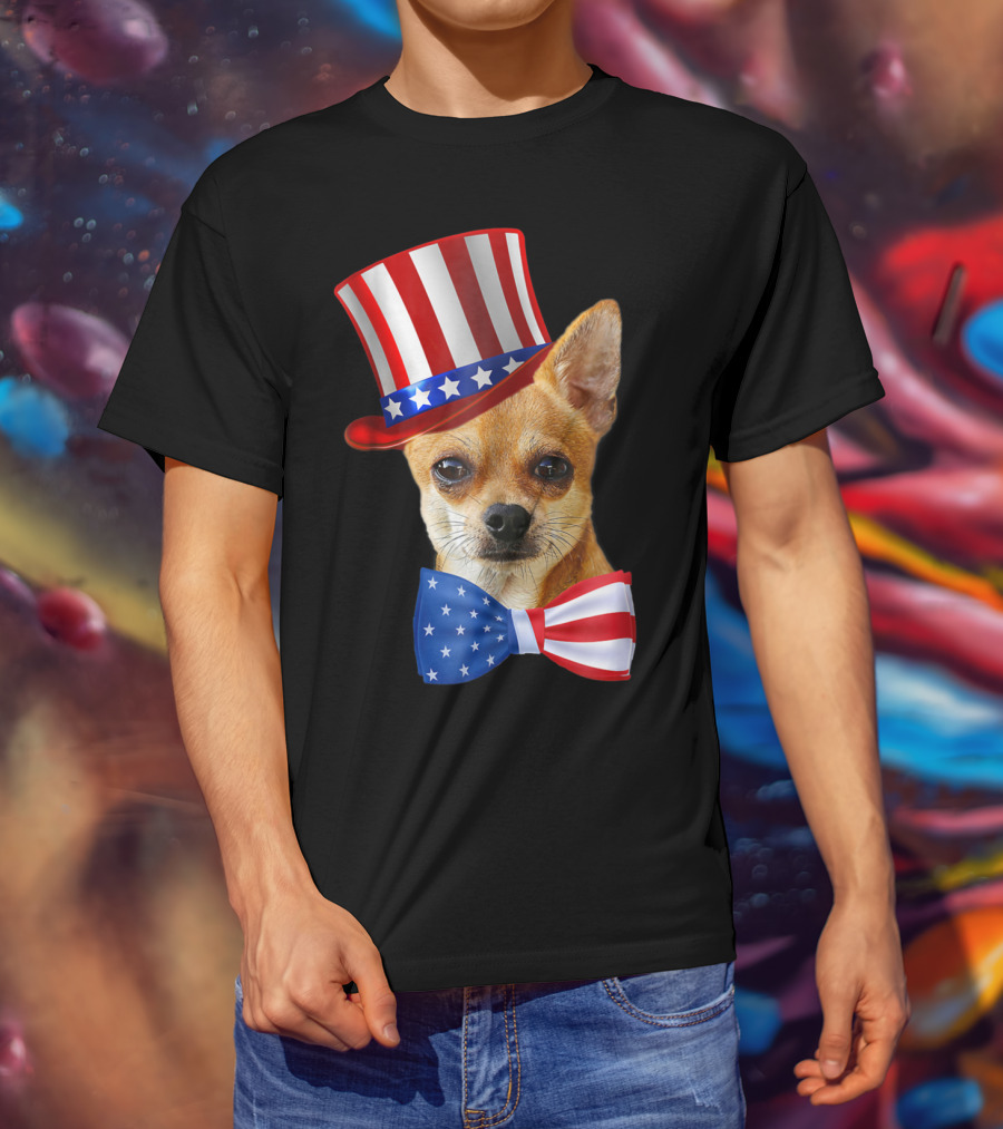 Chihuahua Uncle Sam Hat And Bowtie American Flag T-Shirt