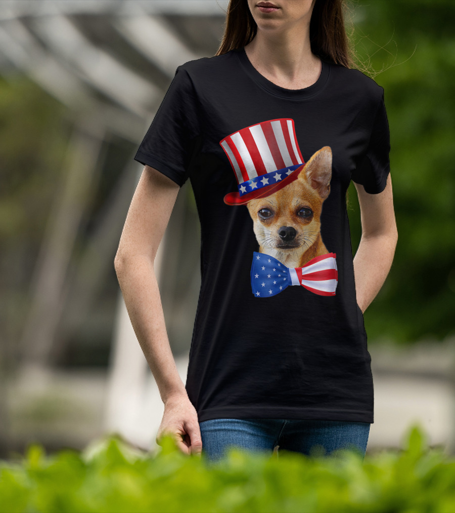 Chihuahua Uncle Sam Hat And Bowtie American Flag T-Shirt