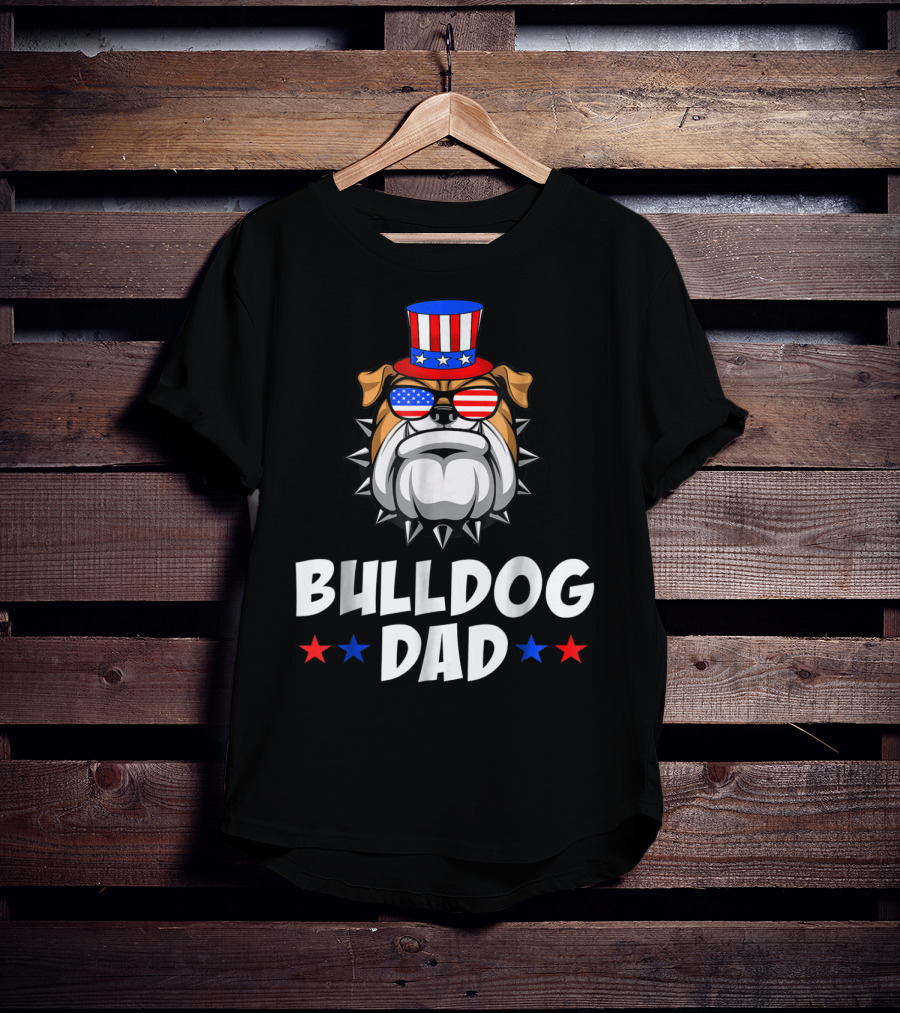 Bulldog Dad USA Flag Sunglasses American Patriotic Top Hat T-Shirt