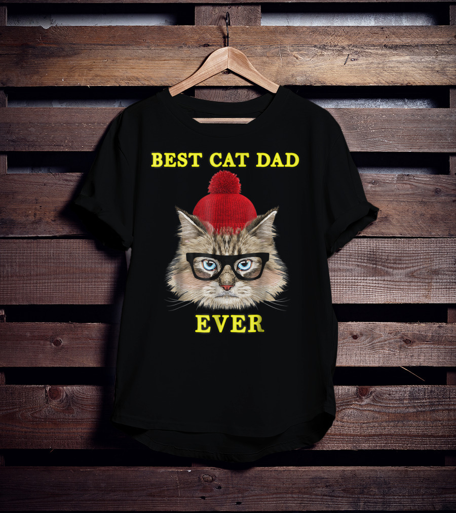 Best Cat Dad Ever Funny Pictoplast91 Red Beanie Glasses Cat T-Shirt