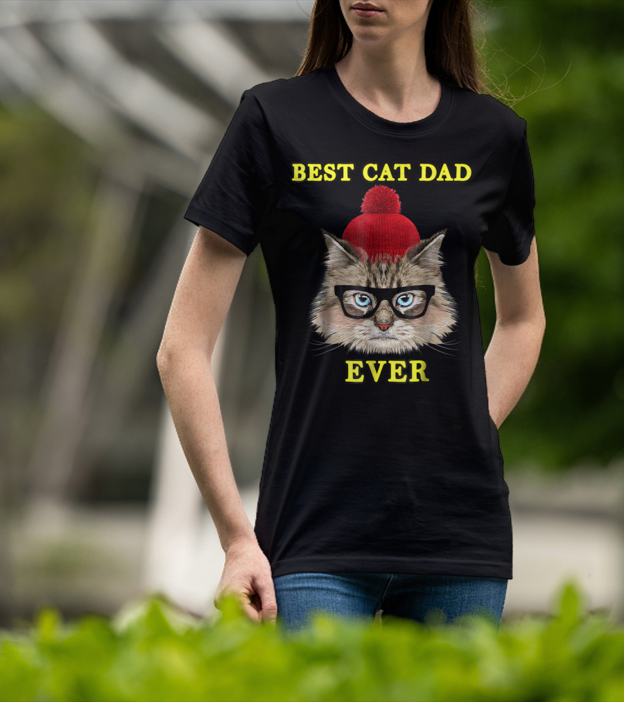 Best Cat Dad Ever Funny Pictoplast91 Red Beanie Glasses Cat T-Shirt