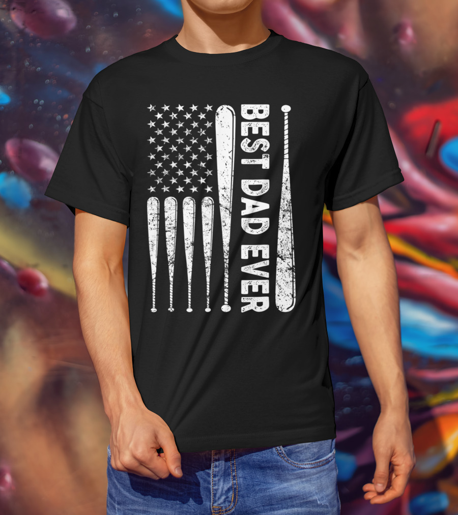 Best Dad Ever American Flag Baseball SoftballUSA T-Shirt