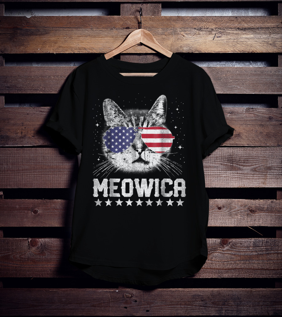 MEOWICA American Flag Cat With USA Sunglasses Stars T-Shirt