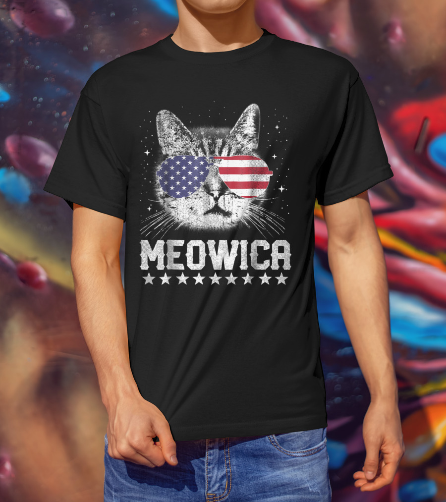 MEOWICA American Flag Cat With USA Sunglasses Stars T-Shirt