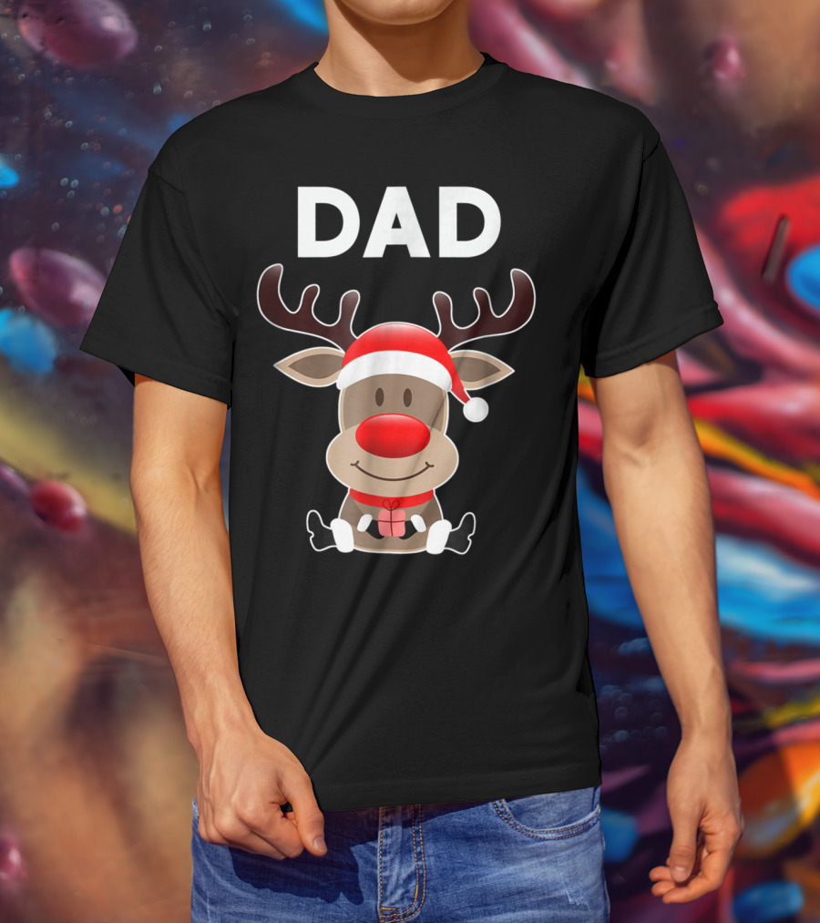 Dad Christmas Reindeer With Santa Hat And Gift T-Shirt
