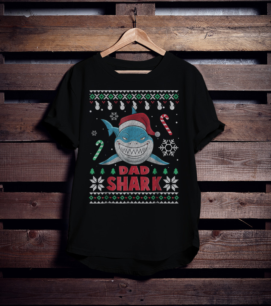 Dad Shark Ugly Christmas Sweater Santa Hat Candy Canes Snowflakes T-Shirt