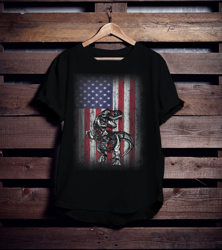 Dinosaur Rex Patriotic American Flag First Time Dad T-Shirt