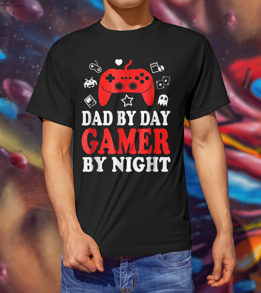 Dad By Day Gamer By Night Retro Controller And Icons T-Shirt