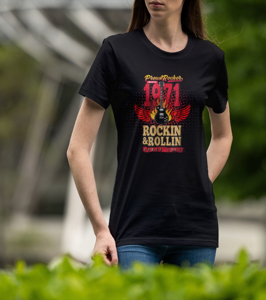 Proud Rocker Made In 1971 Rockin And Rollin Since 1971 Flaming Wing Guitar T-Shirt