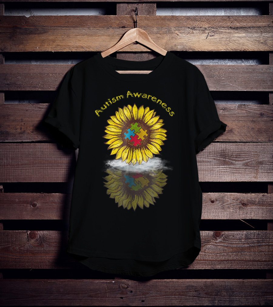 Autism Awareness Sunflower With Puzzle Piece Reflection In Water T-Shirt