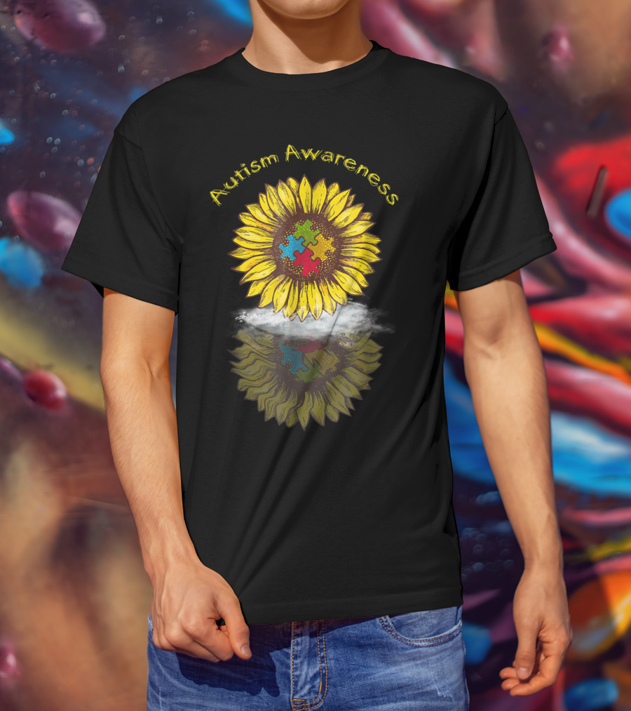 Autism Awareness Sunflower With Puzzle Piece Reflection In Water T-Shirt