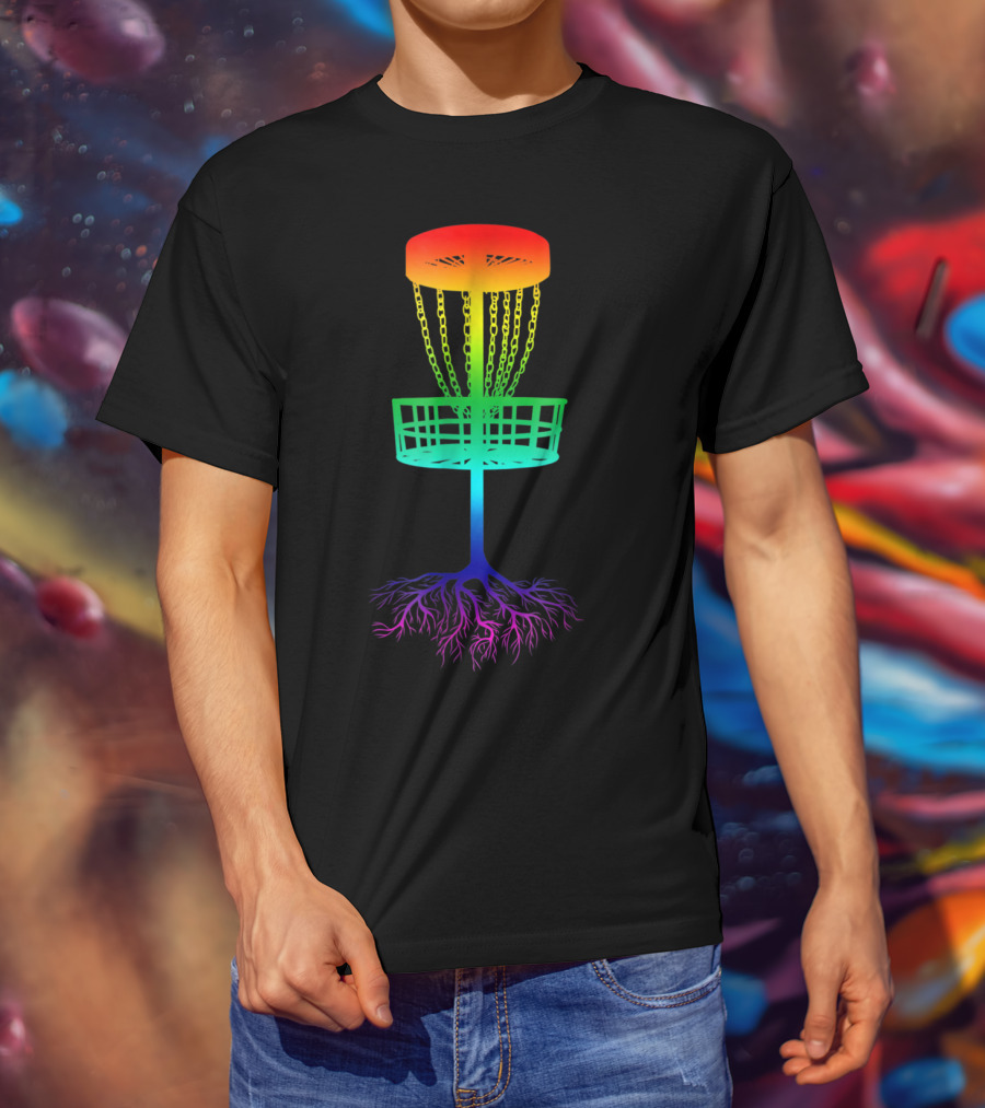 Rainbow Disc Golf Basket With Vibrant Roots T-Shirt