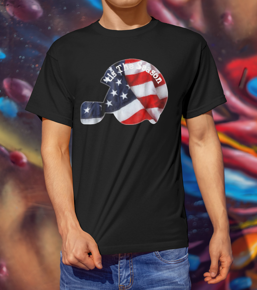 Tis The Season American Football Helmet With Flag Design Sports Fan T-Shirt