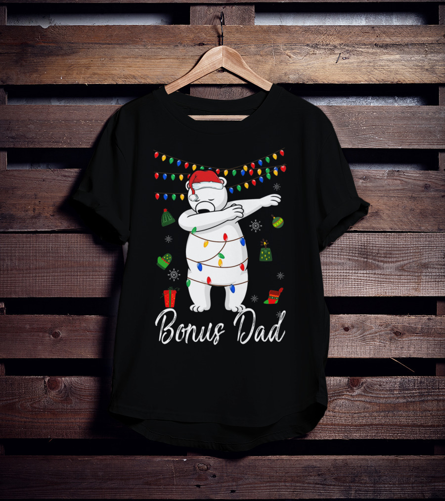 Bonus Dad Bear Christmas Lights Santa Hat Dabbing T-Shirt