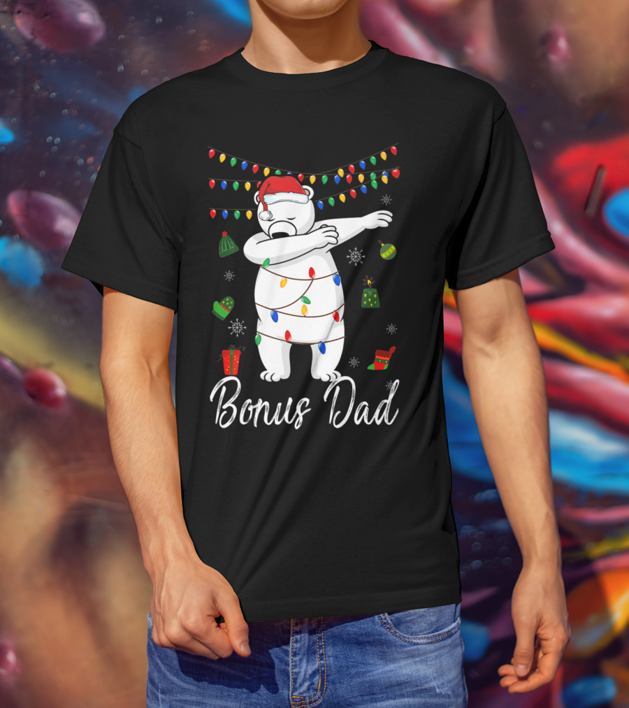 Bonus Dad Bear Christmas Lights Santa Hat Dabbing T-Shirt