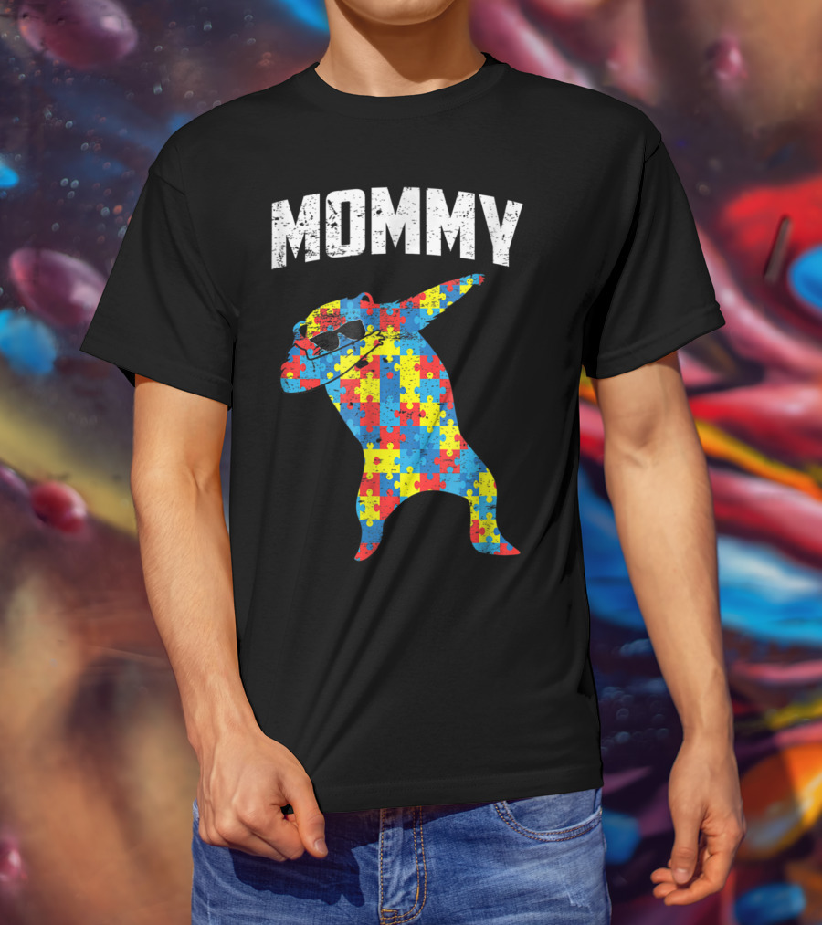 Autism Puzzle Bear Dabbing Mommy Glasses T-Shirt