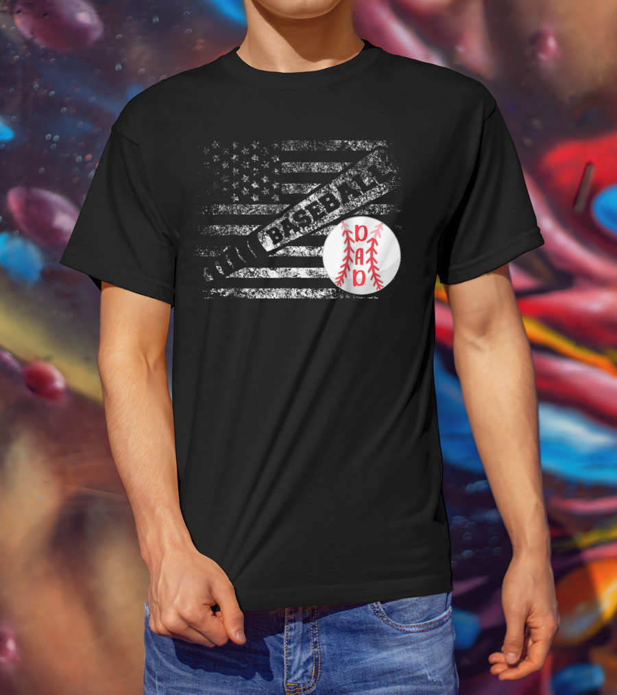 Baseball Dad American Flag With Bat And Ball T-Shirt