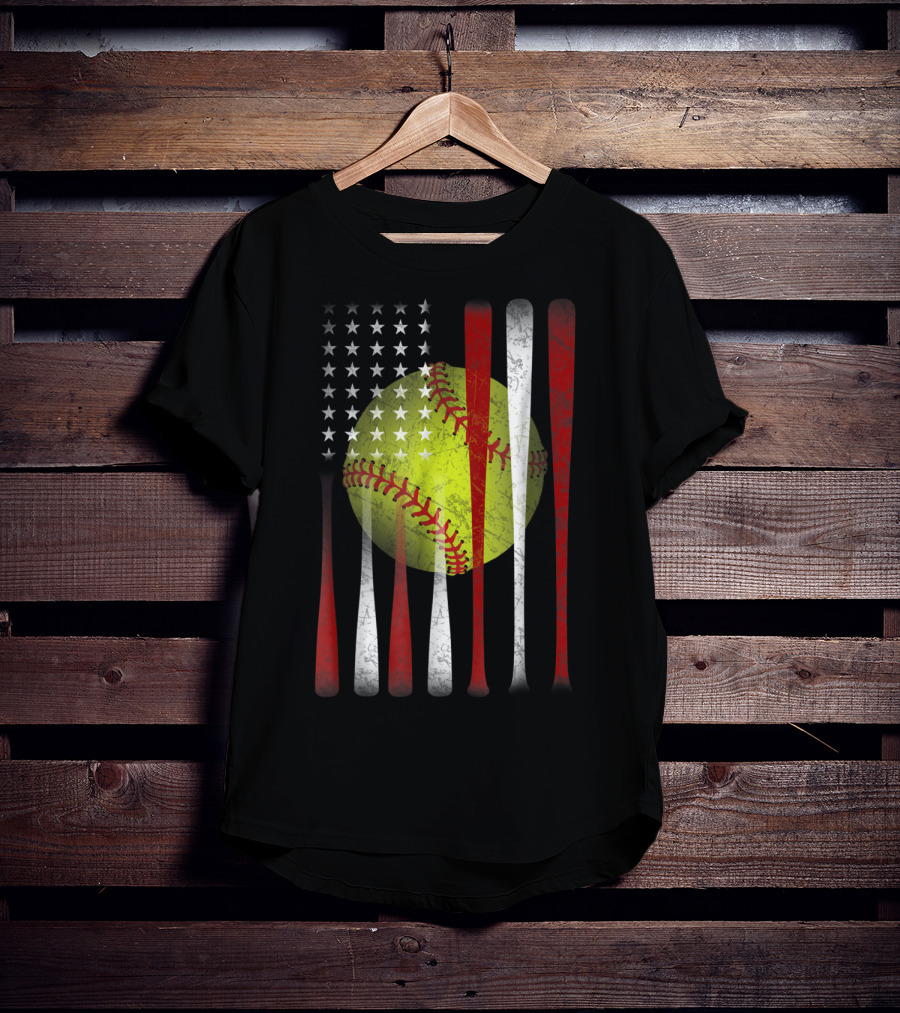 American Flag Softball Vintage Distressed US Flag Bat T-Shirt