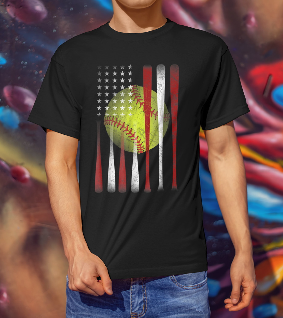 American Flag Softball Vintage Distressed US Flag Bat T-Shirt