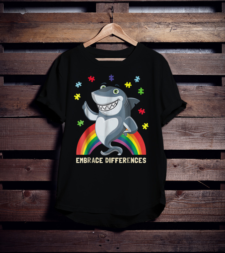 Embrace Differences Autism Awareness Kids Dad Shark Puzzle Piece Rainbow T-Shirt