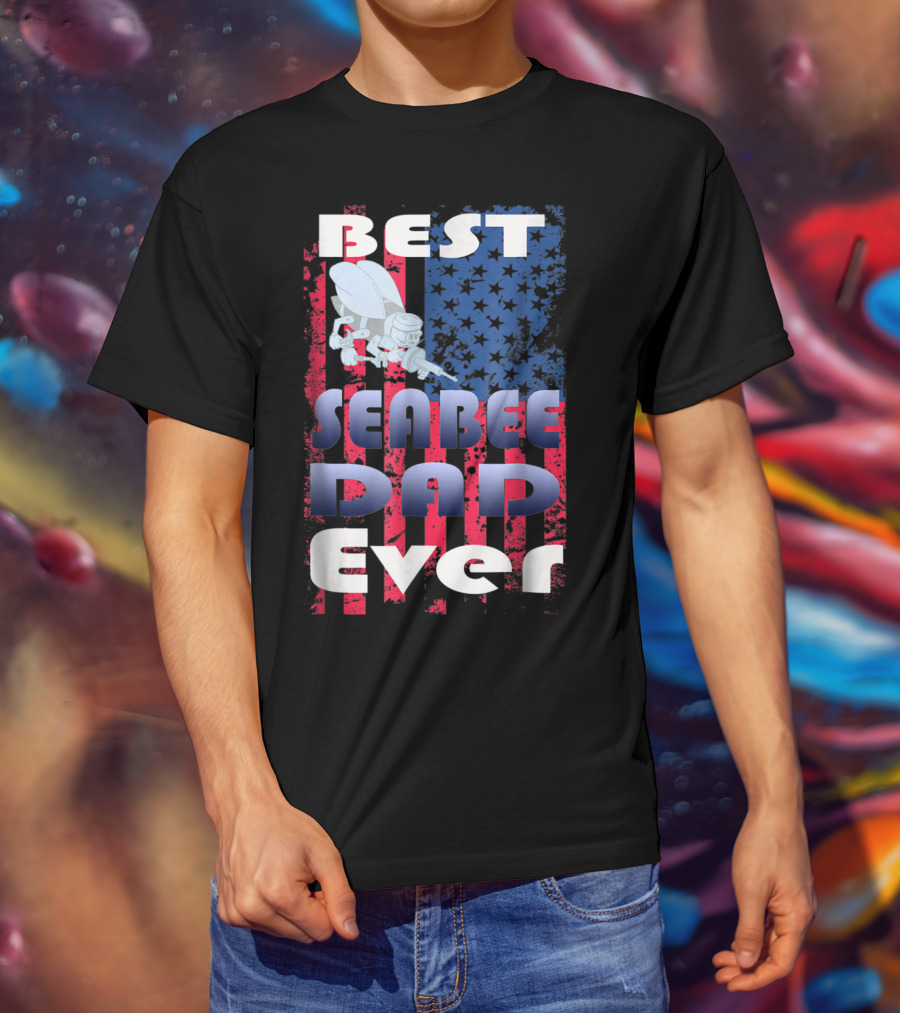 Best Seabee Dad Ever American Flag Bee Mascot T-Shirt