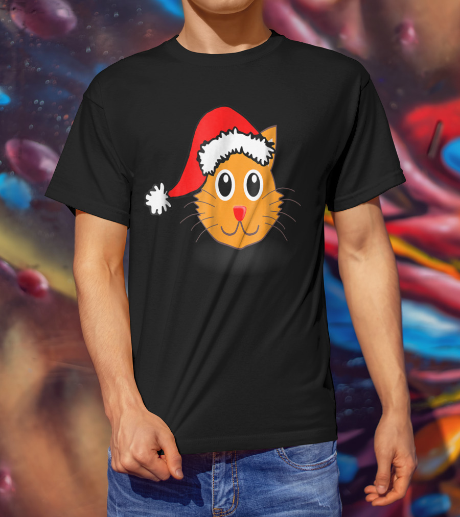 Cat Lover Grandma Kid Grandpa39 Santa Hat Cat Face T-Shirt