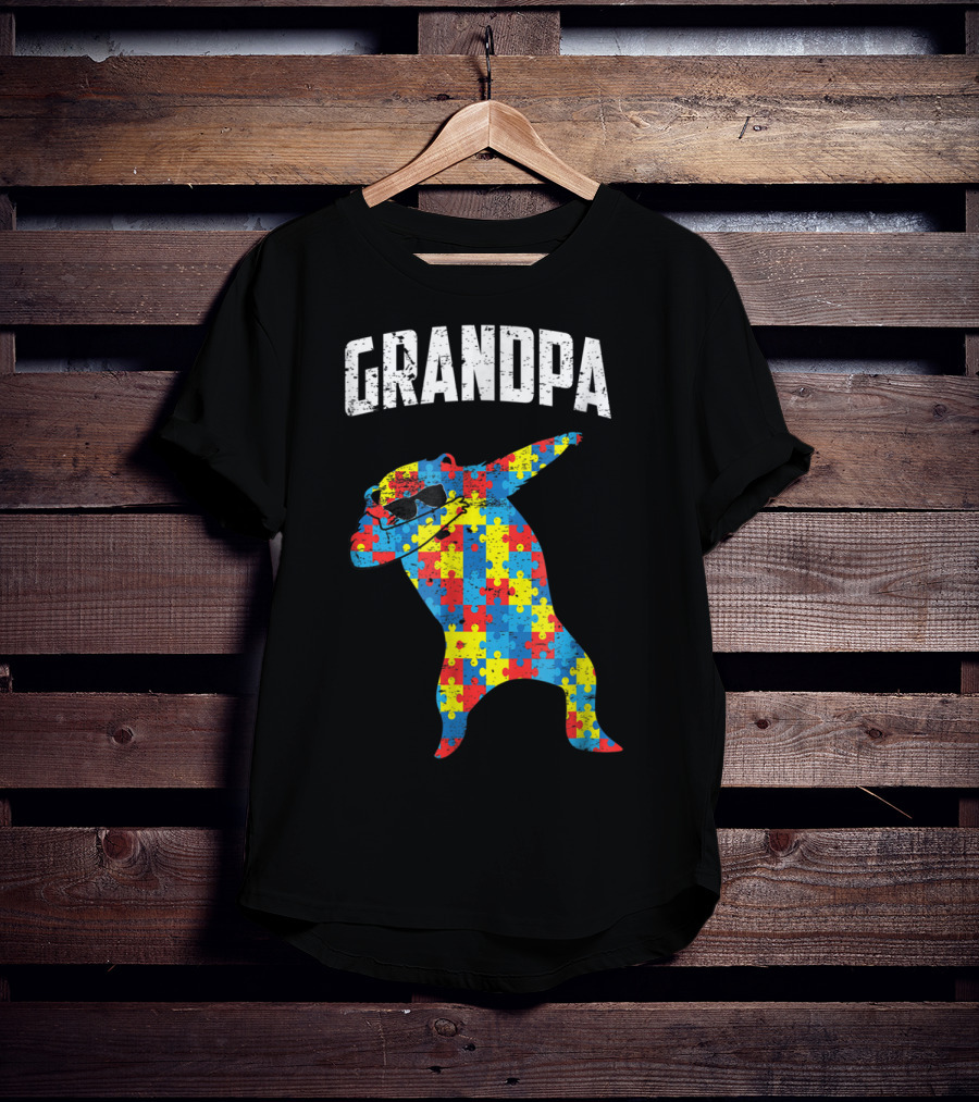 Grandpa Autism Bear Dabbing Puzzle Glasses T-Shirt