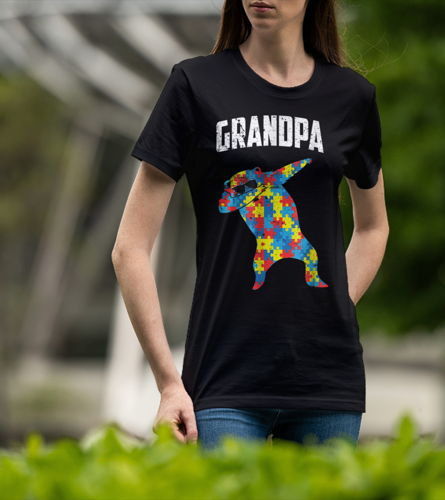 Grandpa Autism Bear Dabbing Puzzle Glasses T-Shirt
