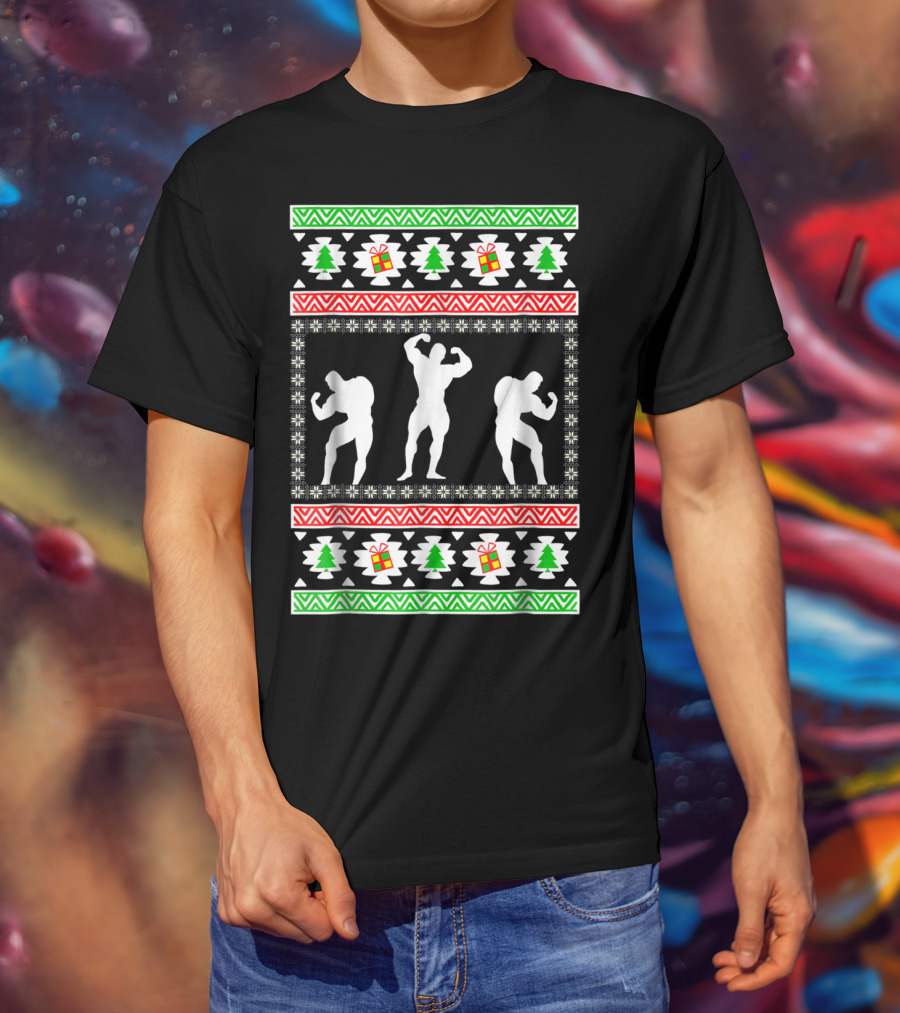 Bodybuilding Christmas Silhouette Trees And Gifts T-Shirt
