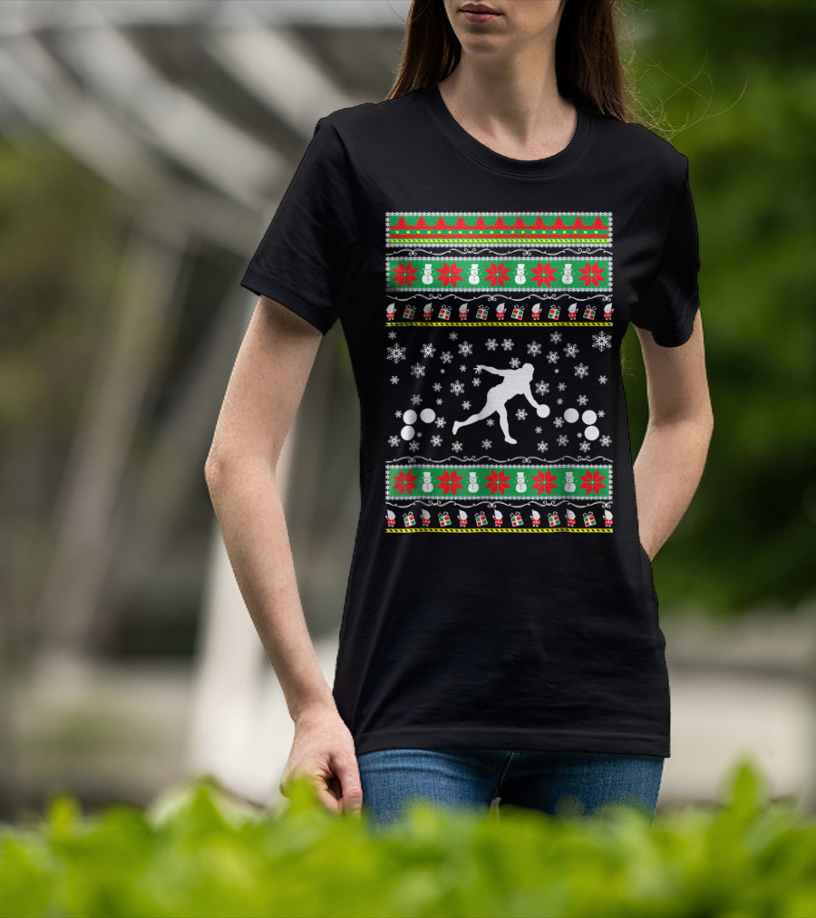 Bocce Ball Ugly Christmas Sweater Themed Dad25 Holiday Snowflakes And Presents T-Shirt
