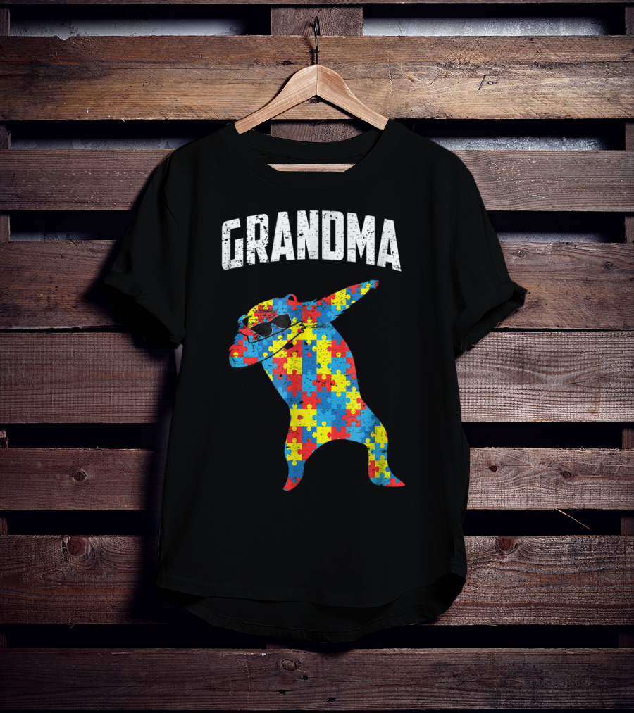 Autism Grandma Bear Dabbing Puzzle Glasses T-Shirt