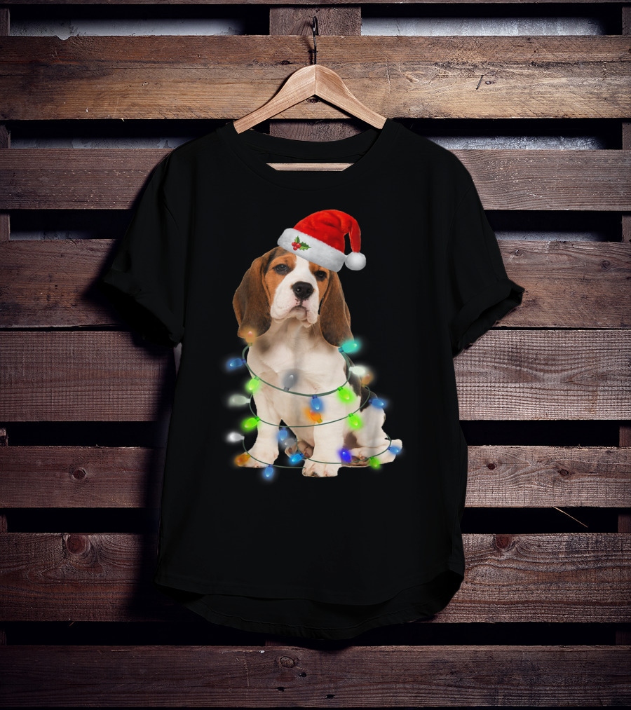 Beagle Wrapped In Christmas Lights With Santa Hat For Mom Women Girl T-Shirt