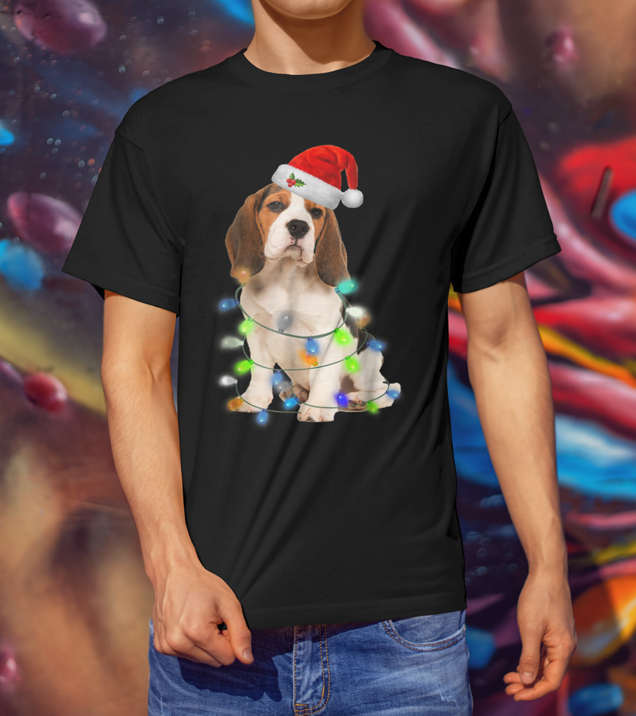 Beagle Wrapped In Christmas Lights With Santa Hat For Mom Women Girl T-Shirt