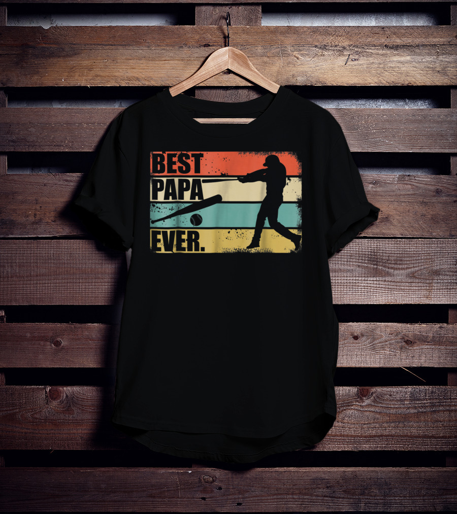 Best Papa Ever Vintage Baseball Silhouette Retro Stripes T-Shirt