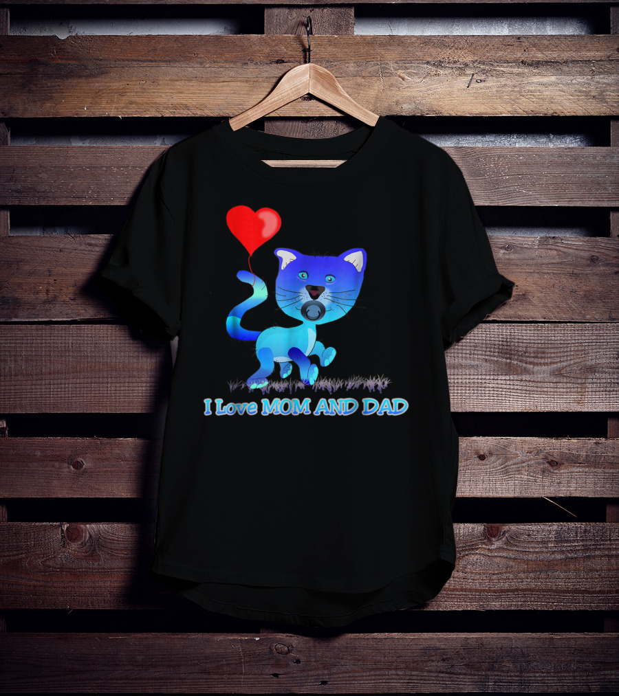 I Love Mom And Dad Cat With Heart Balloon Dummy Boy Kids Teens T-Shirt
