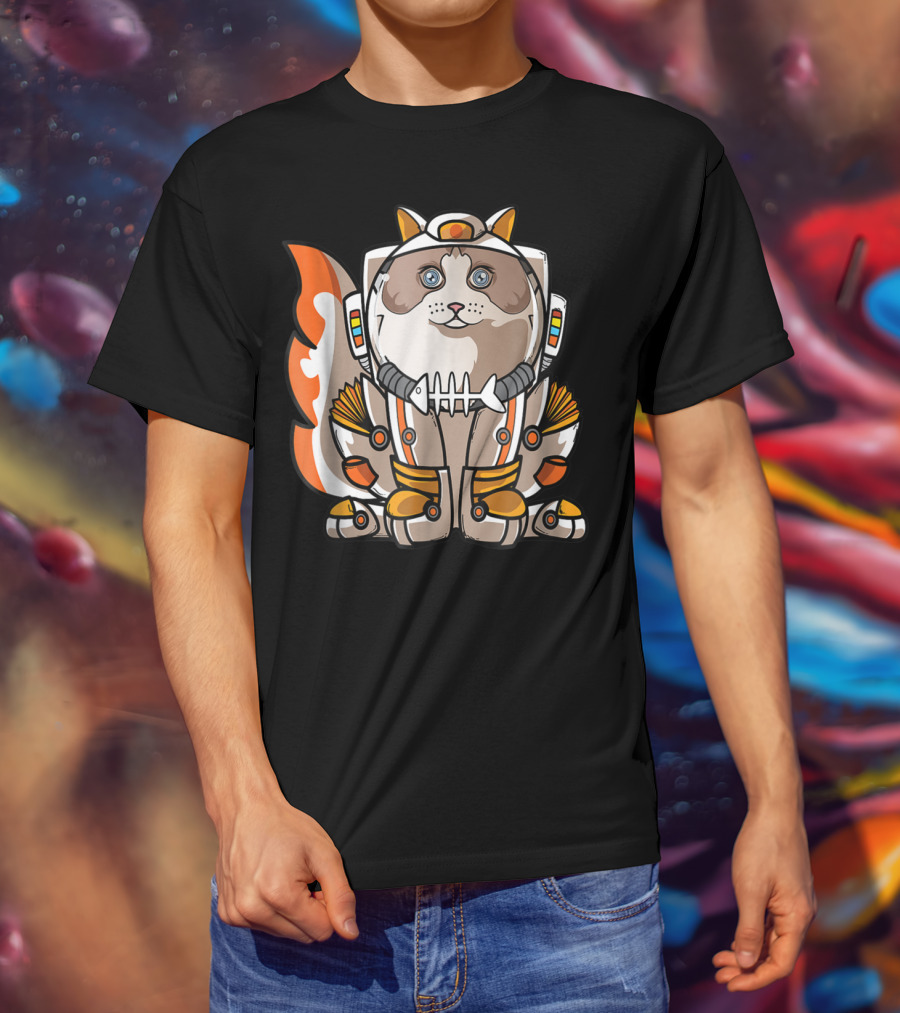 Christmas Space Ragdoll Suit Cat Astronaut With Fish Bone Helmet T-Shirt