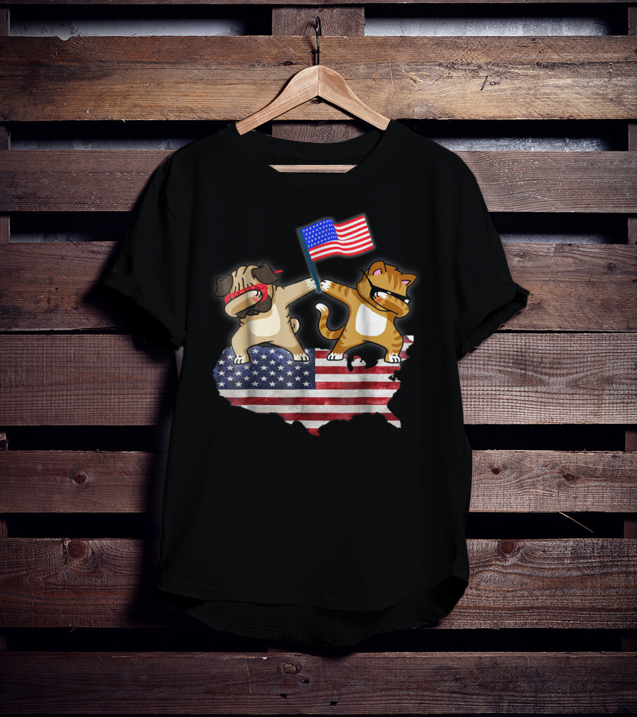 Dad Joke Loading Patriotic Pug And Cat Dabbing With American Flag USA Map T-Shirt